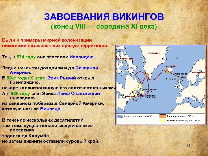 ЗАВОЕВАНИЯ ВИКИНГОВ (конец VIII — середина XI века) Были и примеры мирной колонизации викингами