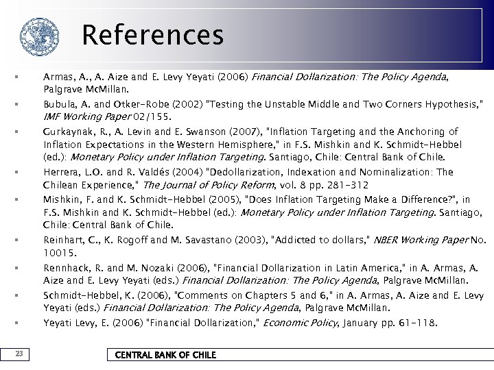 References § Armas, A. Aize and E. Levy Yeyati (2006) Financial Dollarization: The Policy