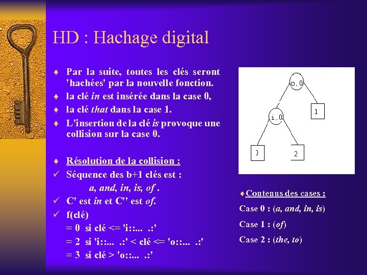 HD : Hachage digital ¨ Par la suite, toutes les clés seront 'hachées' par