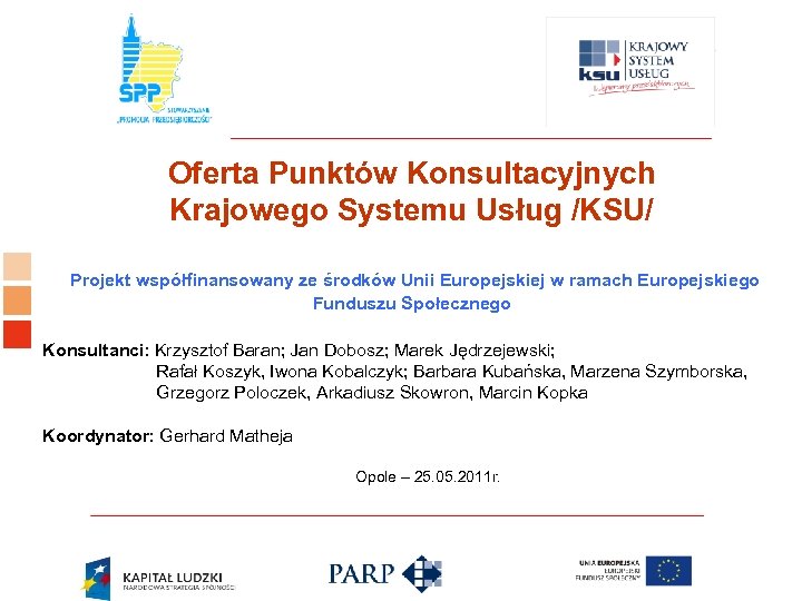 Logo ośrodka KSU Oferta Punktów Konsultacyjnych Krajowego Systemu Usług /KSU/ Projekt współfinansowany ze środków