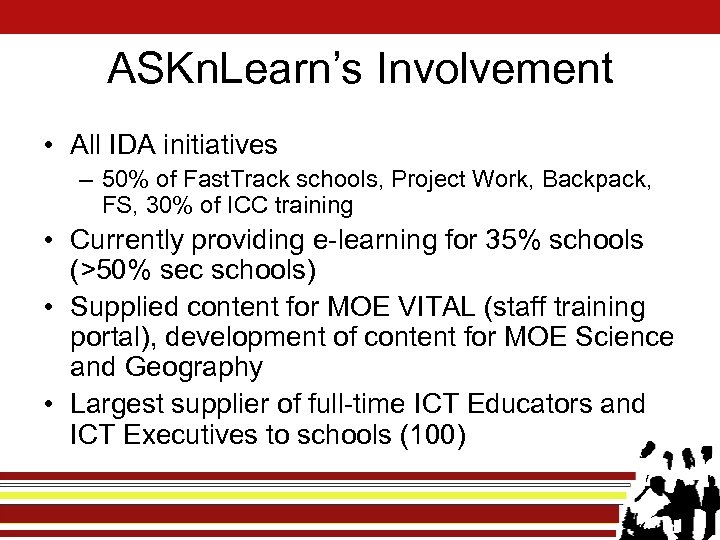 ASKn. Learn’s Involvement • All IDA initiatives – 50% of Fast. Track schools, Project