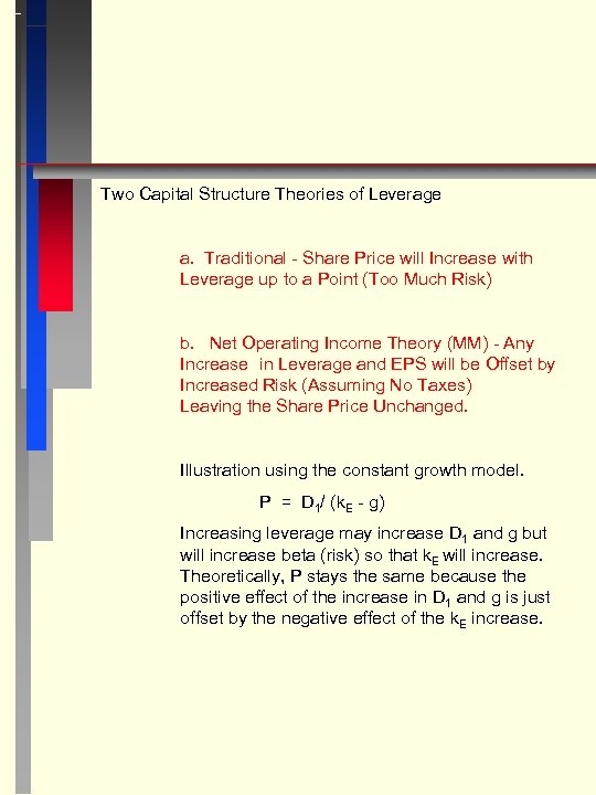 Two Capital Structure Theories of Leverage a. Traditional - Share Price will Increase with