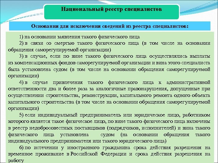 Национальный реестр специалистов Основания для исключения сведений из реестра специалистов: 1) на основании заявления