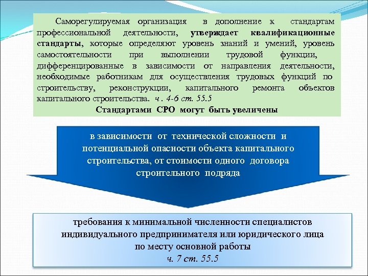Саморегулируемая организация в дополнение к стандартам профессиональной деятельности, утверждает квалификационные стандарты, которые определяют уровень