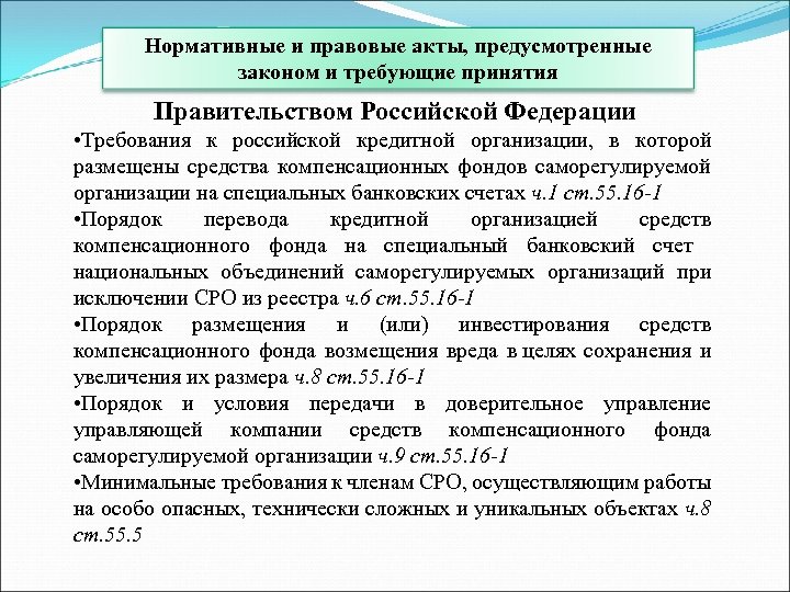 Нормативные и правовые акты, предусмотренные законом и требующие принятия Правительством Российской Федерации • Требования