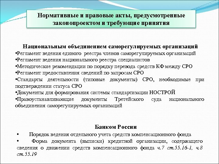 Нормативные и правовые акты, предусмотренные законопроектом и требующие принятия Национальным объединением саморегулируемых организаций •