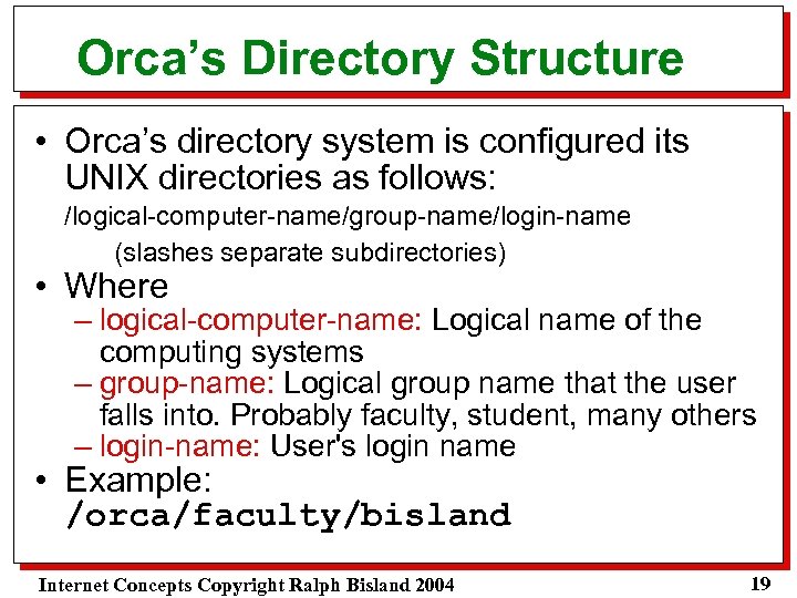 Orca’s Directory Structure • Orca’s directory system is configured its UNIX directories as follows: