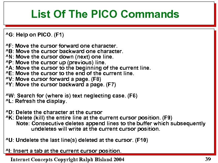 List Of The PICO Commands ^G: Help on PICO. (F 1) ^F: Move the