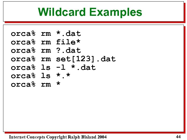 Wildcard Examples orca% orca% rm rm ls ls rm *. dat file* ? .