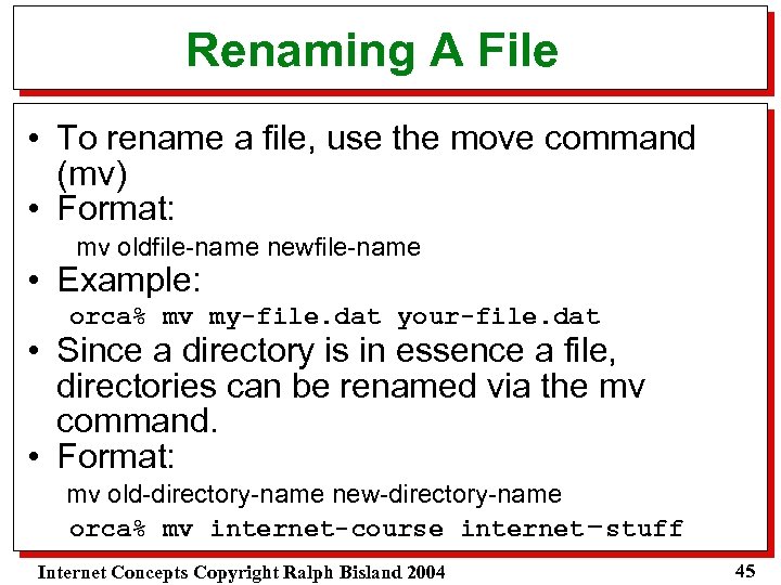Renaming A File • To rename a file, use the move command (mv) •