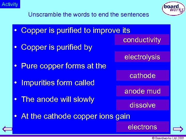 Activity Unscramble the words to end the sentences • Copper is purified to improve