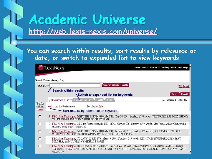 Academic Universe http: //web. lexis-nexis. com/universe/ You can search within results, sort results by