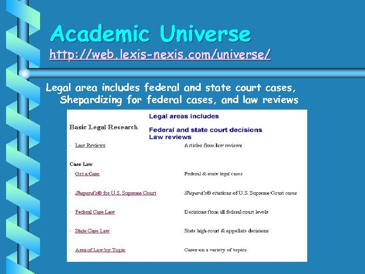 Academic Universe http: //web. lexis-nexis. com/universe/ Legal area includes federal and state court cases,