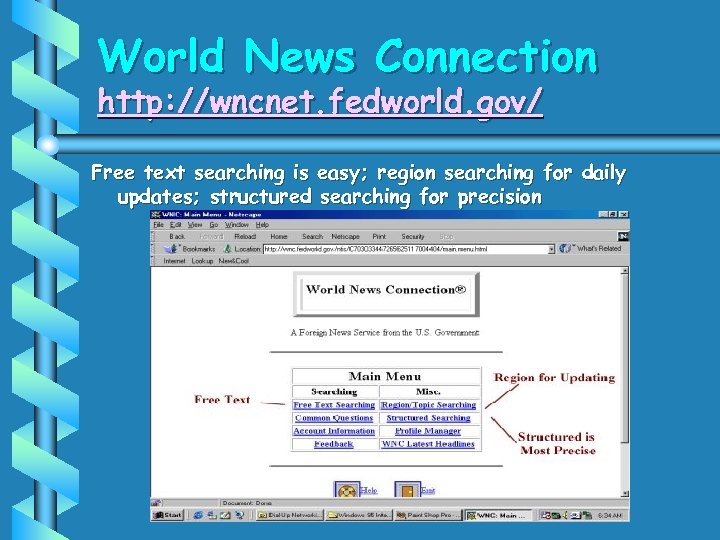 World News Connection http: //wncnet. fedworld. gov/ Free text searching is easy; region searching