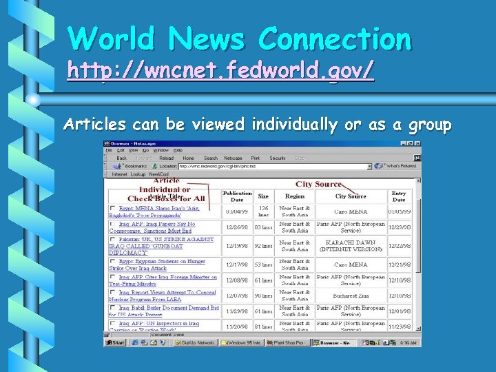 World News Connection http: //wncnet. fedworld. gov/ Articles can be viewed individually or as
