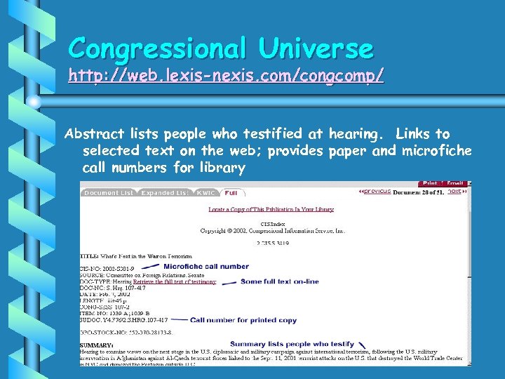 Congressional Universe http: //web. lexis-nexis. com/congcomp/ Abstract lists people who testified at hearing. Links