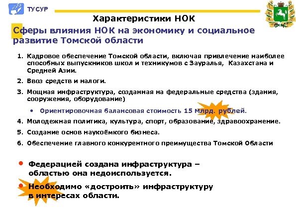 ТУСУР Характеристики НОК Сферы влияния НОК на экономику и социальное развитие Томской области 1.