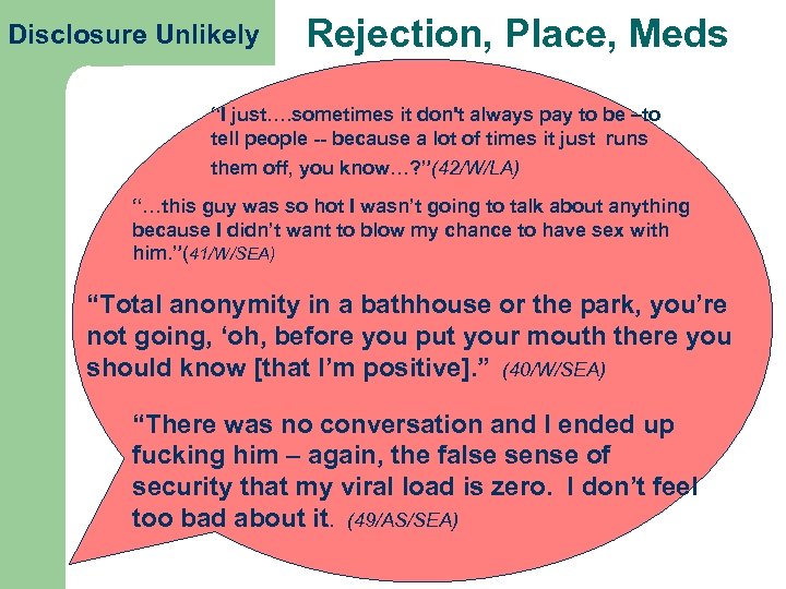Disclosure Unlikely Rejection, Place, Meds “I just…. sometimes it don't always pay to be