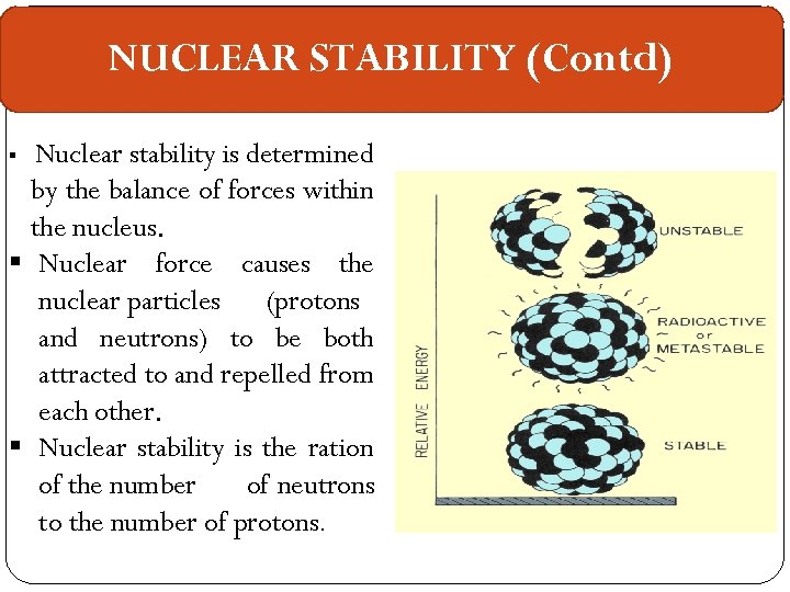 NUCLEAR STABILITY (Contd) Nuclear stability is determined by the balance of forces within the
