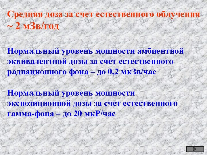 Средняя доза за счет естественного облучения ~ 2 м. Зв/год Нормальный уровень мощности амбиентной