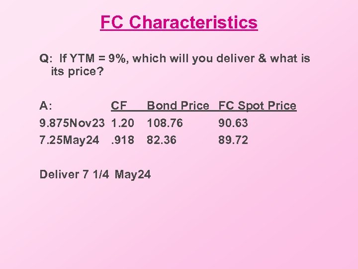 FC Characteristics Q: If YTM = 9%, which will you deliver & what is