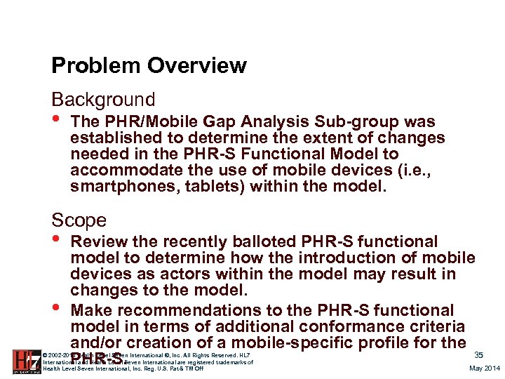 Problem Overview Background • The PHR/Mobile Gap Analysis Sub-group was established to determine the