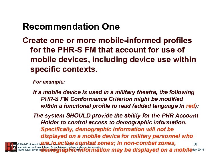 Recommendation One Create one or more mobile-informed profiles for the PHR-S FM that account