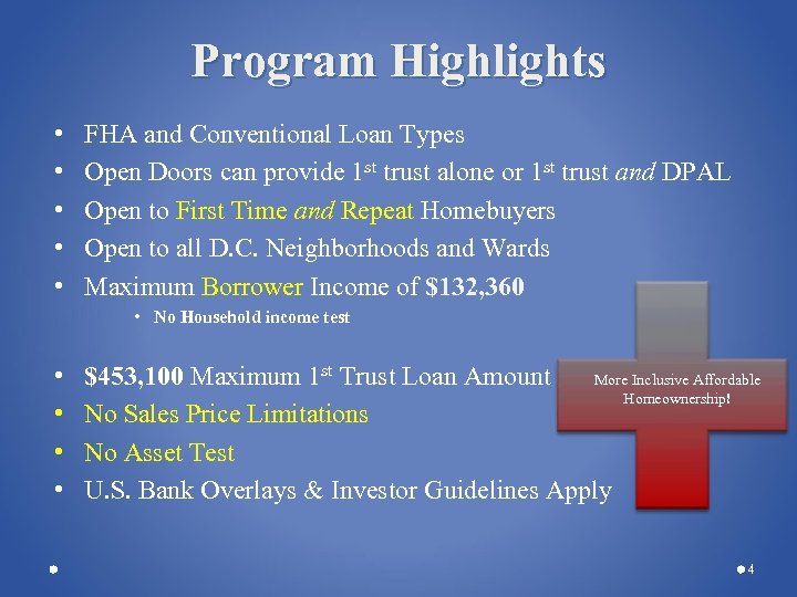 Program Highlights • • • FHA and Conventional Loan Types Open Doors can provide