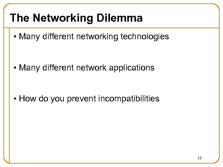 The Networking Dilemma • Many different networking technologies • Many different network applications •