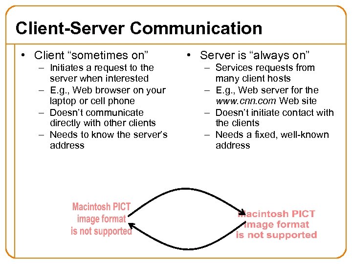 Client-Server Communication • Client “sometimes on” – Initiates a request to the server when