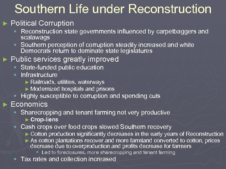 Southern Life under Reconstruction ► Political Corruption § Reconstruction state governments influenced by carpetbaggers