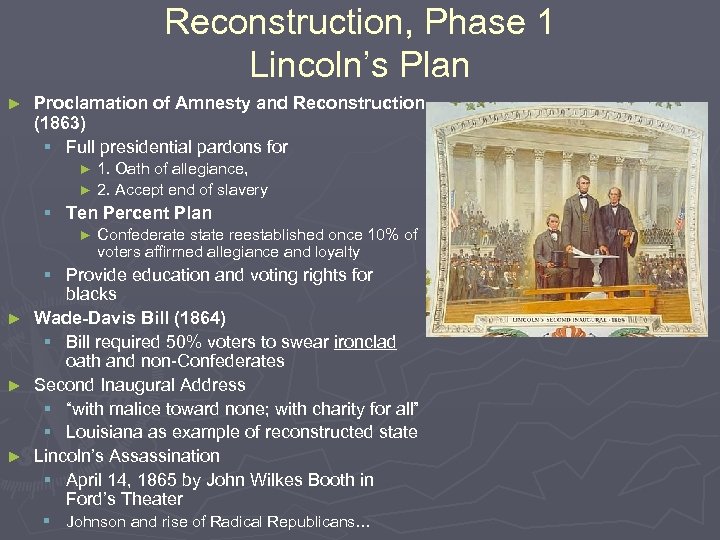 Reconstruction, Phase 1 Lincoln’s Plan ► Proclamation of Amnesty and Reconstruction (1863) § Full