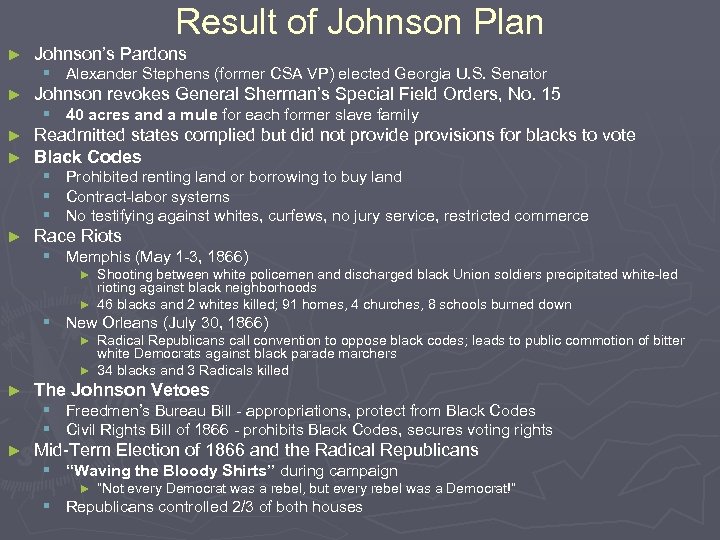 Result of Johnson Plan ► Johnson’s Pardons § Alexander Stephens (former CSA VP) elected