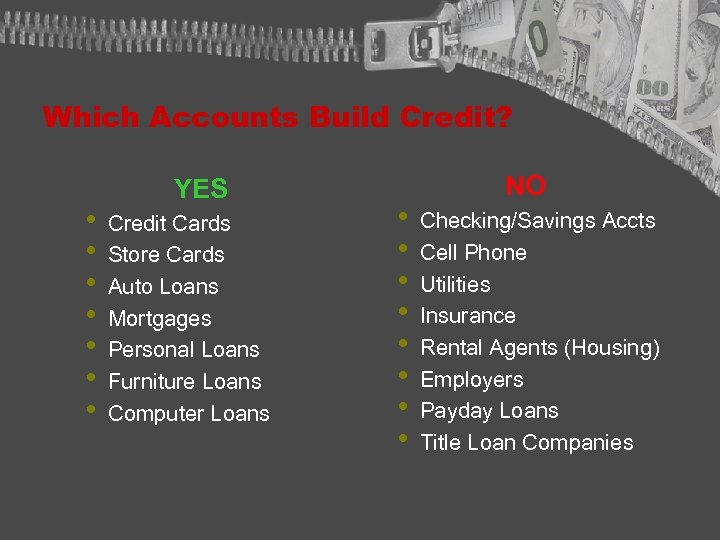 Which Accounts Build Credit? • • YES Credit Cards Store Cards Auto Loans Mortgages