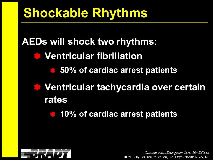 Shockable Rhythms AEDs will shock two rhythms: Ventricular fibrillation 50% of cardiac arrest patients