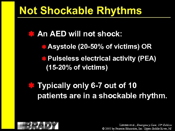 Not Shockable Rhythms An AED will not shock: Asystole (20 -50% of victims) OR
