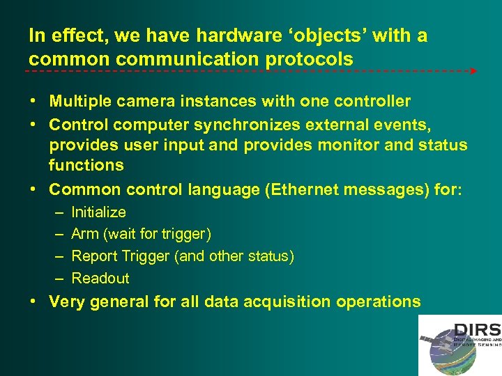 In effect, we have hardware ‘objects’ with a common communication protocols • Multiple camera