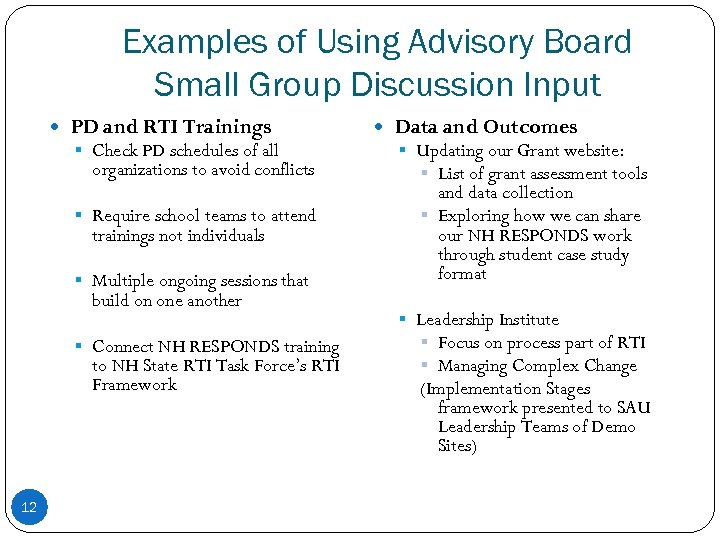 Examples of Using Advisory Board Small Group Discussion Input PD and RTI Trainings §