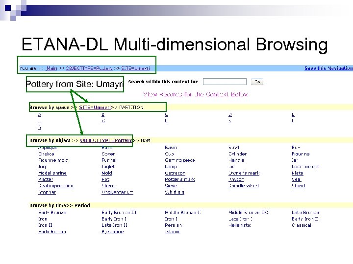 ETANA-DL Multi-dimensional Browsing Pottery from Site: Umayri 