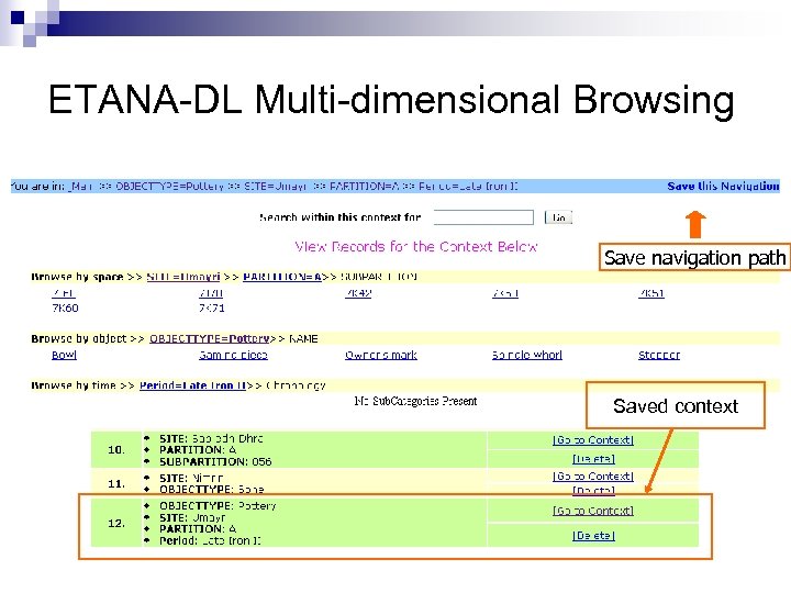 ETANA-DL Multi-dimensional Browsing Save navigation path Saved context 