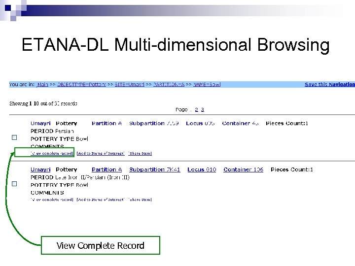 ETANA-DL Multi-dimensional Browsing View Complete Record 