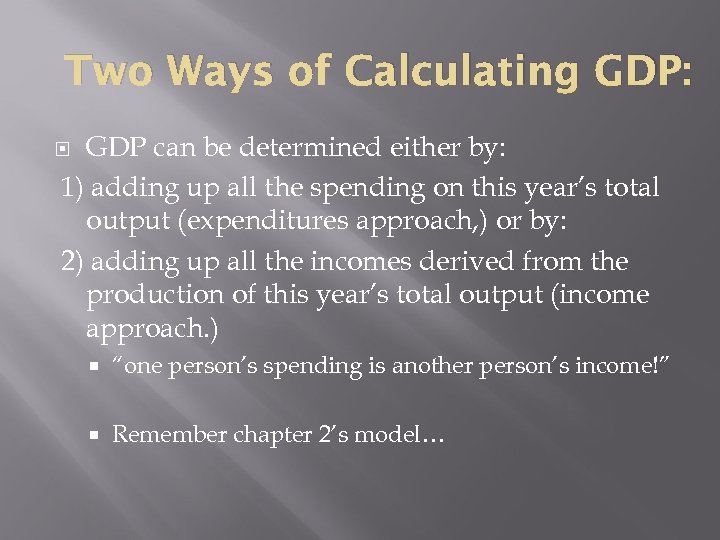 Two Ways of Calculating GDP: GDP can be determined either by: 1) adding up