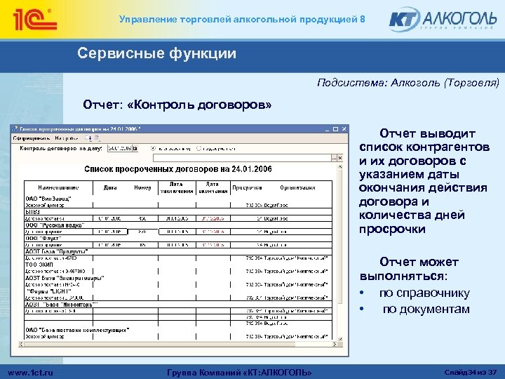 Управление торговлей алкогольной продукцией 8 Сервисные функции Подсистема: Алкоголь (Торговля) Отчет: «Контроль договоров» Отчет