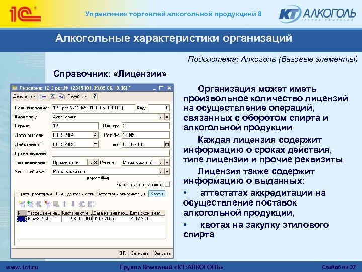 Управление торговлей алкогольной продукцией 8 Алкогольные характеристики организаций Подсистема: Алкоголь (Базовые элементы) Справочник: «Лицензии»
