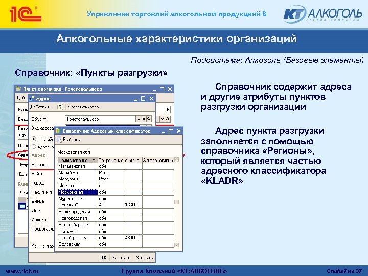 Управление торговлей алкогольной продукцией 8 Алкогольные характеристики организаций Подсистема: Алкоголь (Базовые элементы) Справочник: «Пункты