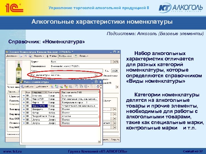 Управление торговлей алкогольной продукцией 8 Алкогольные характеристики номенклатуры Подсистема: Алкоголь (Базовые элементы) Справочник: «Номенклатура»