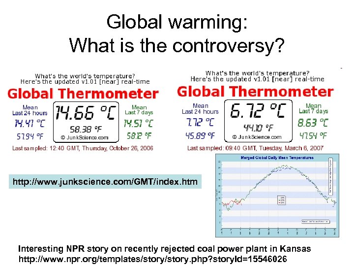 Global warming: What is the controversy? http: //www. junkscience. com/GMT/index. htm Interesting NPR story