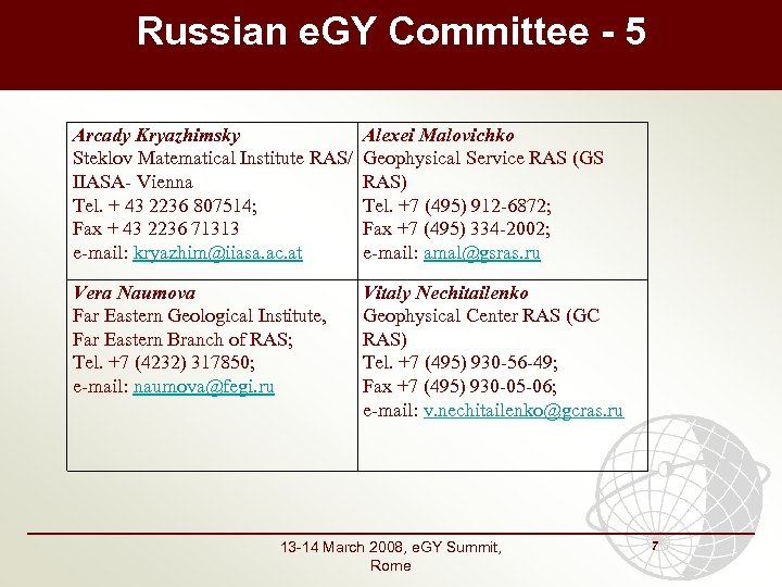 Russian e. GY Committee - 5 Arcady Kryazhimsky Alexei Malovichko Steklov Matematical Institute RAS/