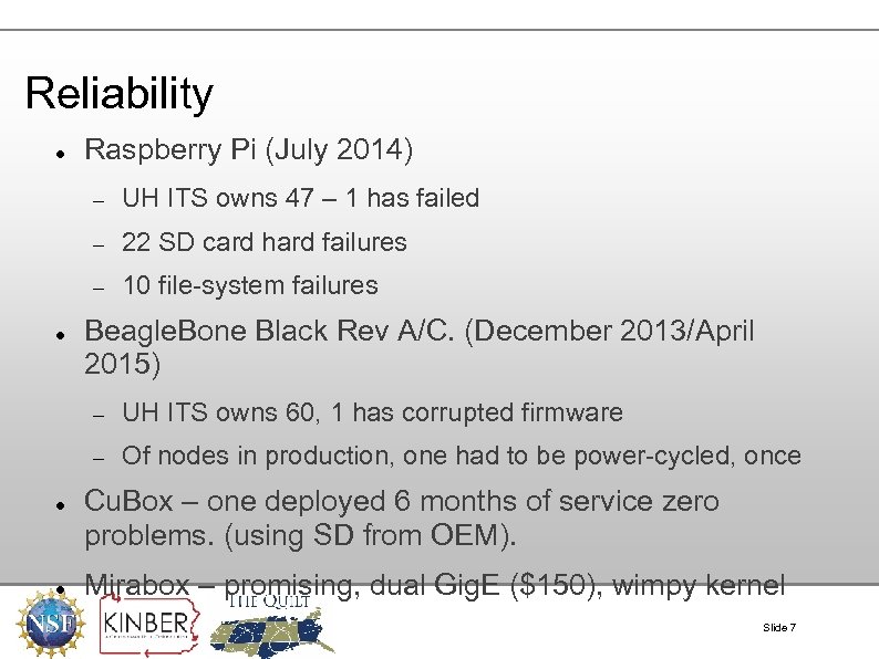 Reliability Raspberry Pi (July 2014) 22 SD card hard failures UH ITS owns 47