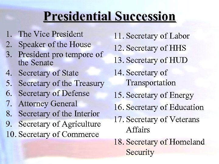 Presidential Succession 1. The Vice President 2. Speaker of the House 3. President pro